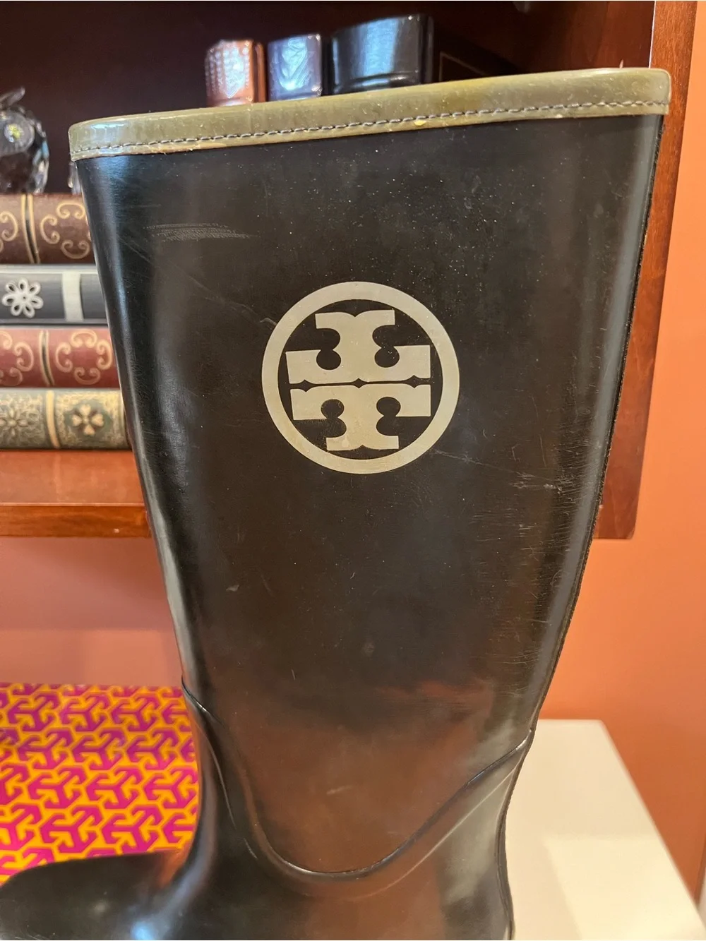 Tory Burch Black Rain Boots with Grey Trim and Logo